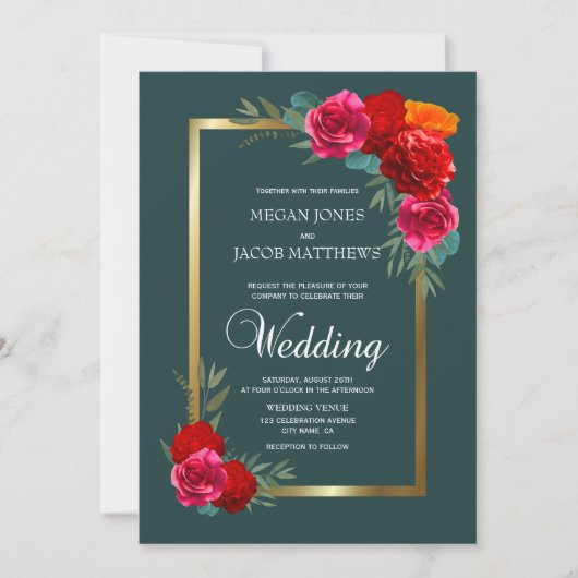 Elegante Hochzeit in Red Aquamarin Gold Floral Einladung (Vorderseite)