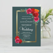 Elegante Hochzeit in Red Aquamarin Gold Floral Einladung (Stehend Vorderseite)