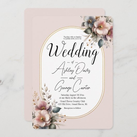 Elegante Hochzeit in Rosa, Blau und Creme Einladung (Vorne/Hinten)