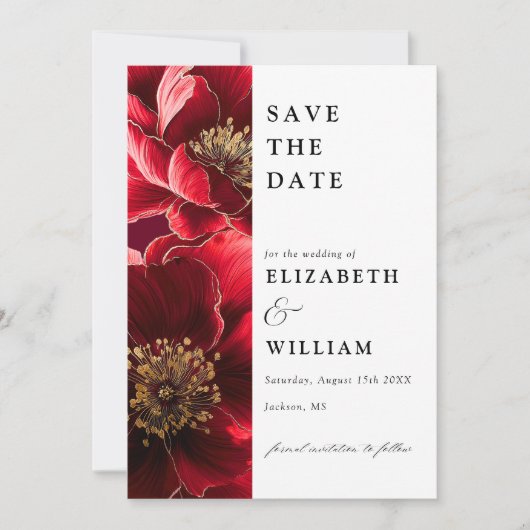 Elegante Hochzeit in Rot und Gold Save The Date (Vorderseite)