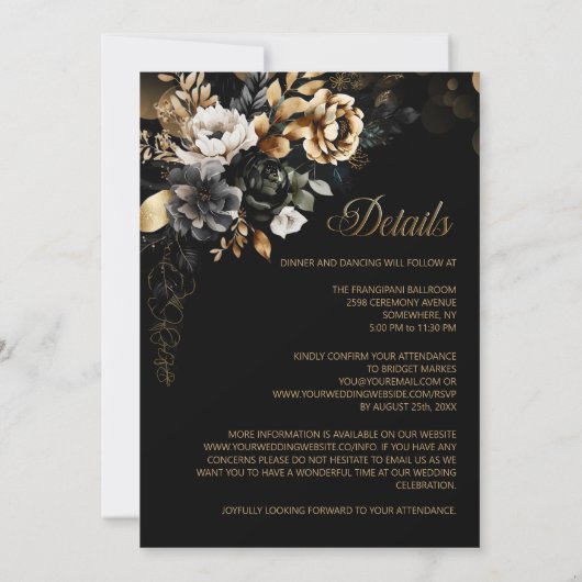 Elegante Hochzeit in Schwarz-Gold-Flora Einladung (Rückseite)