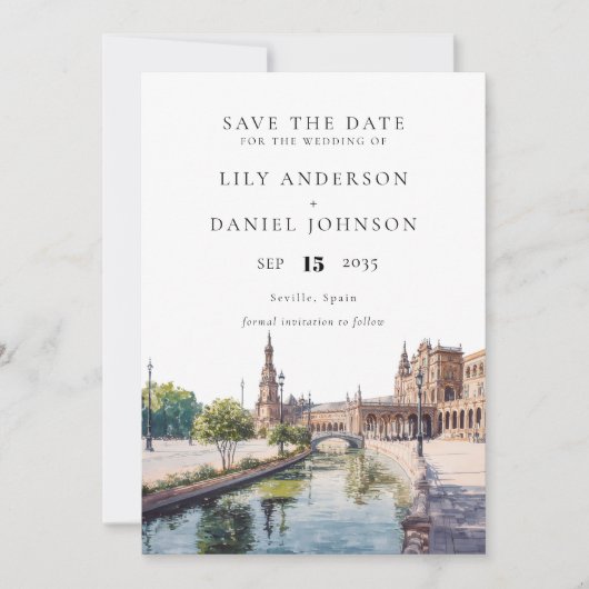 Elegante Hochzeit in Sevilla, Spanien, Aquarell Save The Date (Vorderseite)