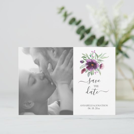 Elegante Hochzeit Lila Grüner Flora Save The Date (Stehend Vorderseite)