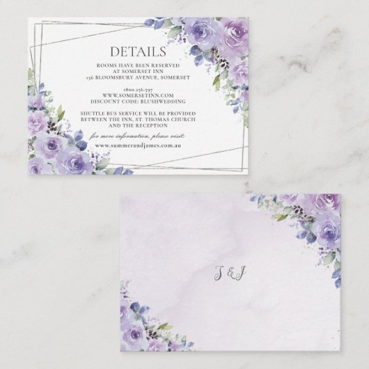 Elegante Hochzeit Lila Lilac Floral Silver Details Begleitkarte (Vorne/Hinten)