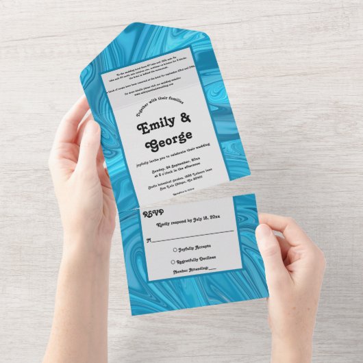 Elegante Hochzeit mit Abstrakter Blauer Wave All In One Einladung (Abreißen)