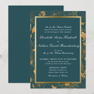 Elegante Hochzeit mit Aquamarinem Blau und Gold Einladung