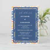 Elegante Hochzeit mit blauem Tile Einladung (Stehend Vorderseite)