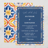 Elegante Hochzeit mit blauem Tile Einladung (Vorne/Hinten)
