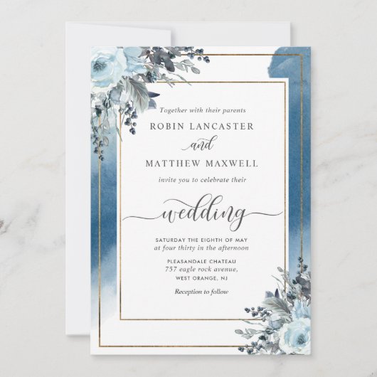 Elegante Hochzeit mit blauem Wasser und blauer Flo Einladung (Vorderseite)