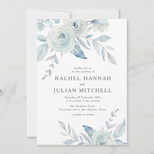 Elegante Hochzeit mit blauen Aquarellen Einladung (Vorderseite)