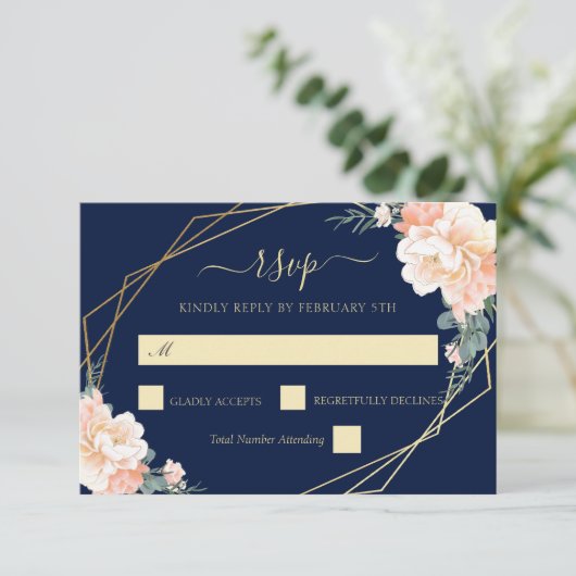 Elegante Hochzeit mit Blauen Gold Blush Peach Flor RSVP Karte (Stehend Vorderseite)