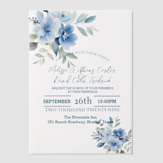 Elegante Hochzeit mit Blauen Wasserfarben Botanisc Pergament Einladungen (Vorderseite)