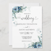 Elegante Hochzeit mit blauer Flora Einladung (Vorderseite)