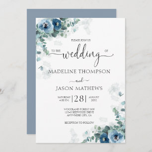 Elegante Hochzeit mit blauer Flora Einladung