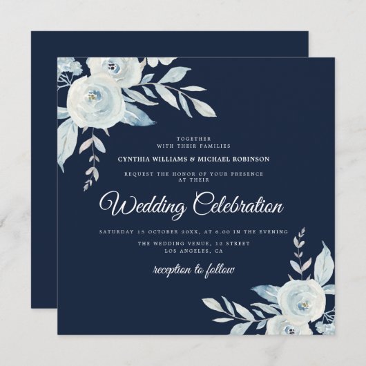 elegante Hochzeit mit blühenden Blumen Einladung (Vorne/Hinten)