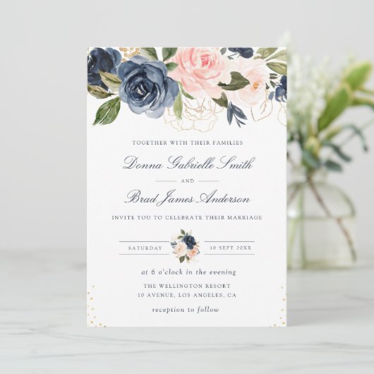 Elegante Hochzeit mit blühenden Blumen Einladung (Stehend Vorderseite)