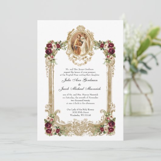 Elegante Hochzeit mit Blumen und Gold Einladung (Stehend Vorderseite)