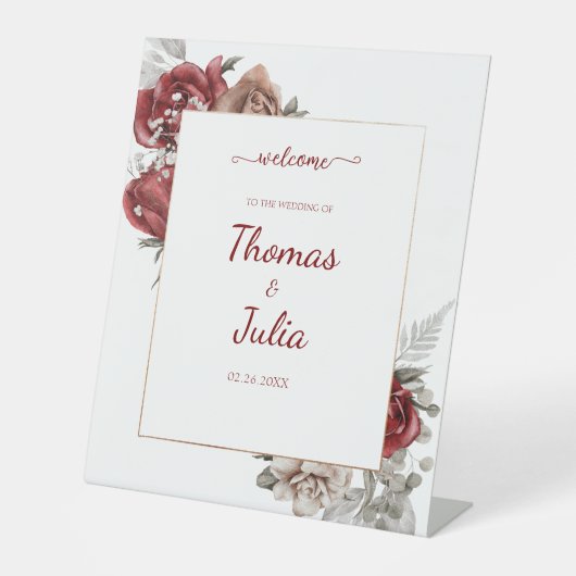 Elegante Hochzeit mit Burgund Florals Willkommen Sockelschild (Vorderseite)