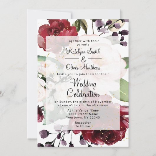 Elegante Hochzeit mit Burgund & Gold Floral Einladung (Vorderseite)