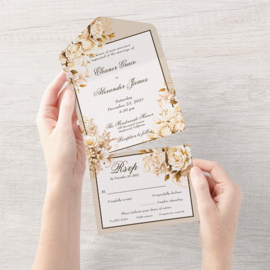 Elegante Hochzeit mit Elfenbein All In One Einladung (Abreißen)