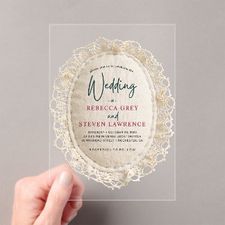 Elegante Hochzeit mit falschem Spitzenrahmen Acryleinladungen