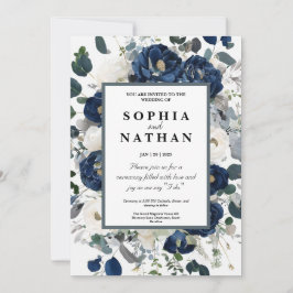 Elegante Hochzeit mit Flora Navy und White Wedding Einladung