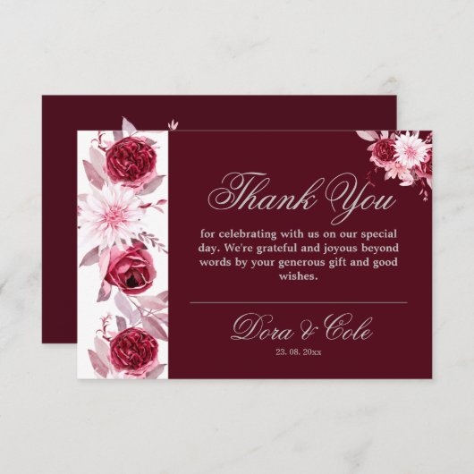 Elegante Hochzeit mit floralen Blüten Burgund Dankeskarte (Vorne/Hinten)