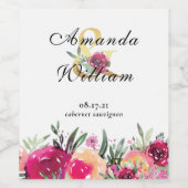 Elegante Hochzeit mit floralen Rosa Wasserfarben Weinetikett (Einzelnes Label)