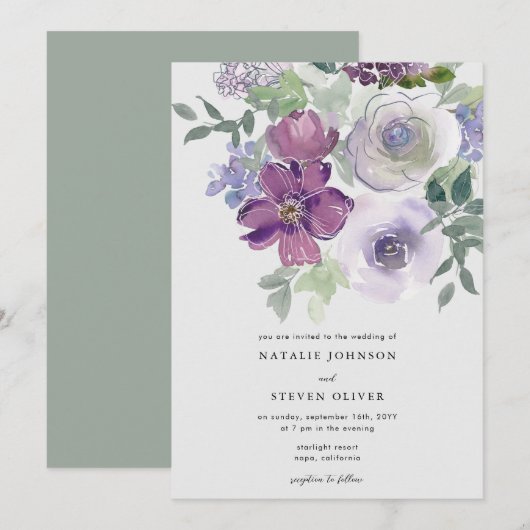 Elegante Hochzeit mit floralen Wasserfarben Einladung (Vorne/Hinten)