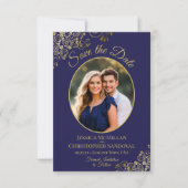 Elegante Hochzeit mit Gold Lace & Oval Foto Navy Save The Date (Vorderseite)