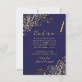 Elegante Hochzeit mit Gold Lace & Oval Foto Navy Save The Date (Rückseite)