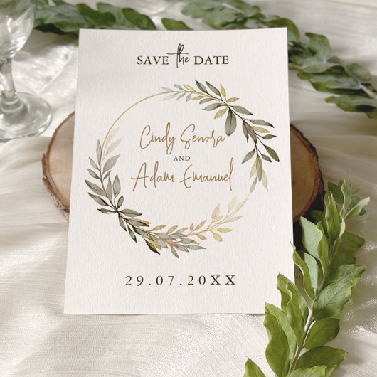 Elegante Hochzeit mit Gold und Grün Save The Date