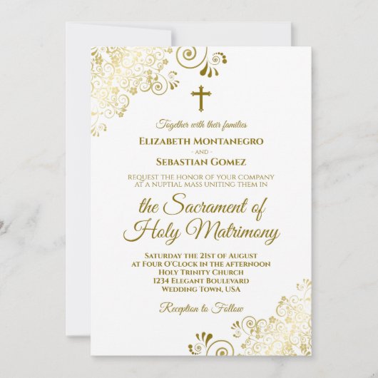 Elegante Hochzeit mit Gold und Weiß Einladung (Vorderseite)