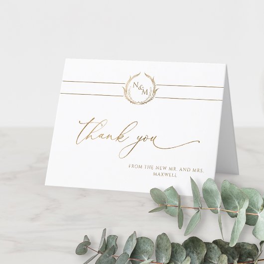 Elegante Hochzeit mit Gold und White Monogram Dankeskarte