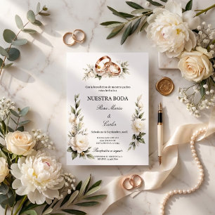 Elegante Hochzeit mit goldenen Ringen und weißen B Einladung