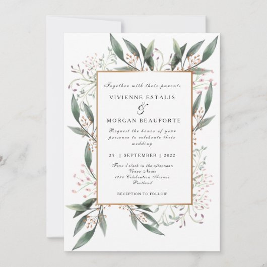 Elegante Hochzeit mit grünem Blattgold Einladung (Vorderseite)