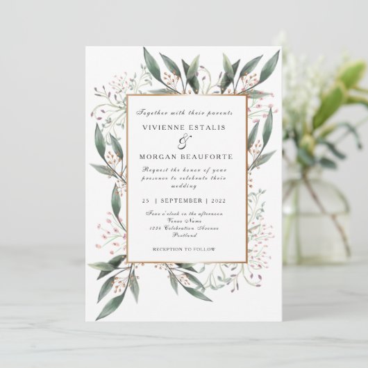 Elegante Hochzeit mit grünem Blattgold Einladung (Stehend Vorderseite)