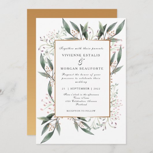 Elegante Hochzeit mit grünem Blattgold Einladung (Vorne/Hinten)