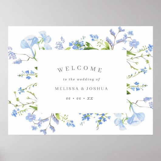 Elegante Hochzeit mit hellblauer Blume Willkommen Poster (Vorne)