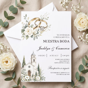 Elegante Hochzeit mit Kirche, goldene Ringe Einladung