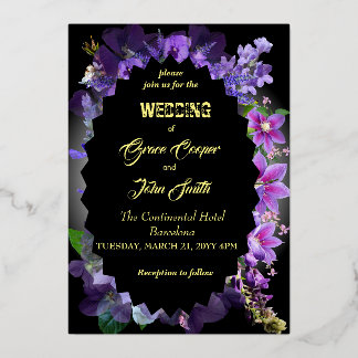 Elegante Hochzeit mit lila Blumen Folieneinladung