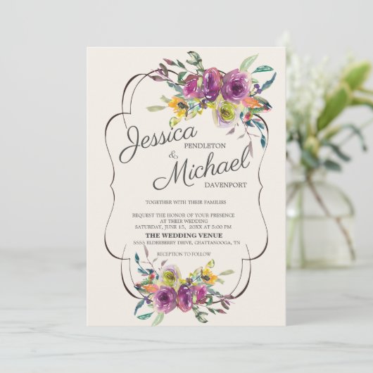 Elegante Hochzeit mit Lila Gelbwasser Einladung (Stehend Vorderseite)