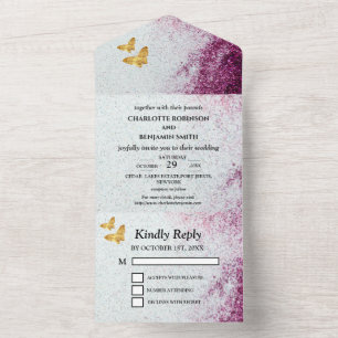 Elegante Hochzeit mit lila Glitter & goldenen Schm All In One Einladung