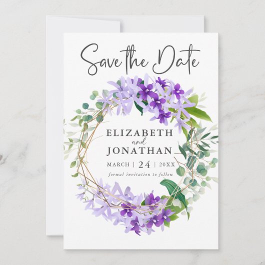 Elegante Hochzeit mit Lila goldgrünem Blumenkreide Save The Date (Vorderseite)