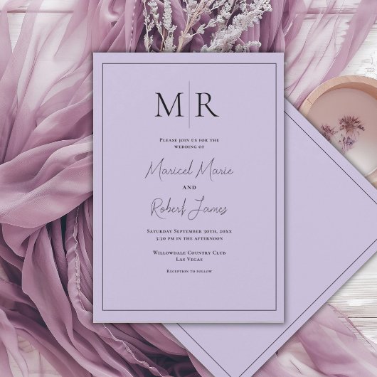 Elegante Hochzeit mit lila Monogramm Einladung