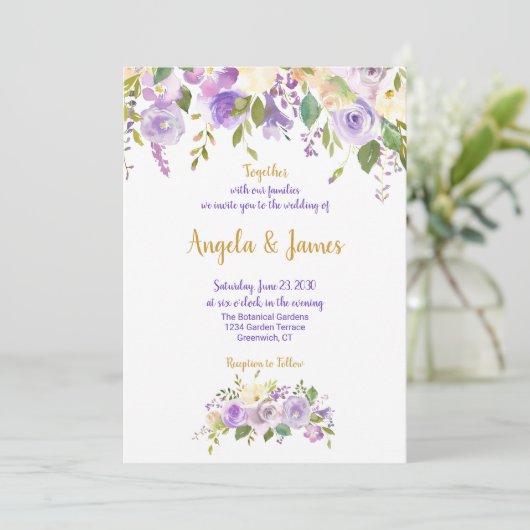 Elegante Hochzeit mit Lila und goldenen Wasserfarb Einladung (Stehend Vorderseite)