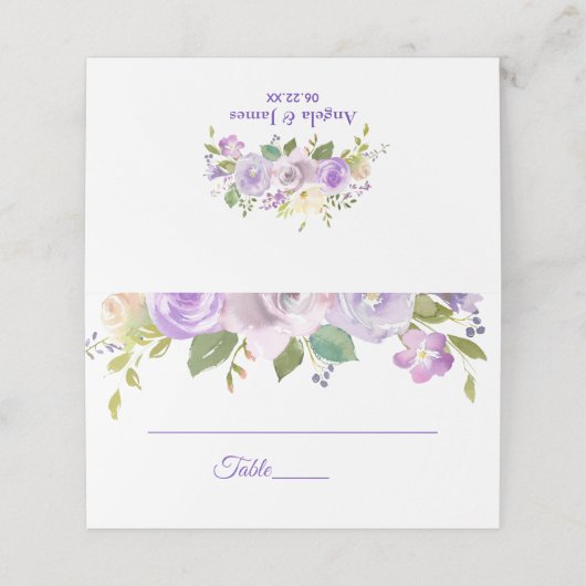 Elegante Hochzeit mit Lila und goldenen Wasserfarb Platzkarte (Außenseite Aufgefaltet)