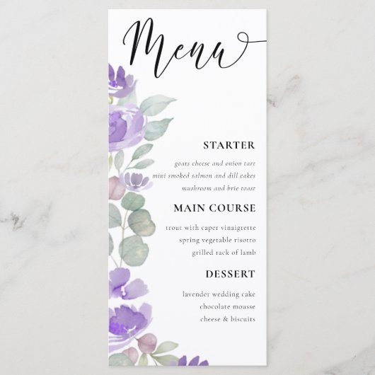 Elegante Hochzeit mit Lila Wasser Menükarte (Vorderseite)