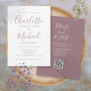 Elegante Hochzeit mit Mauve-Schrift-QR-Code Einladung