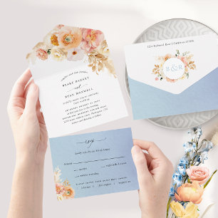 Elegante Hochzeit mit Pfirsich und blauen Blumen m All In One Einladung